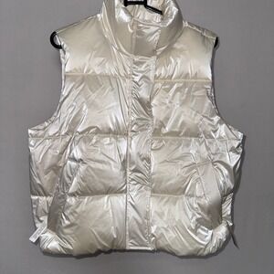 Victoria's Secret PINK Puffer Vest Champagne Cream Glossy Quilted Medium